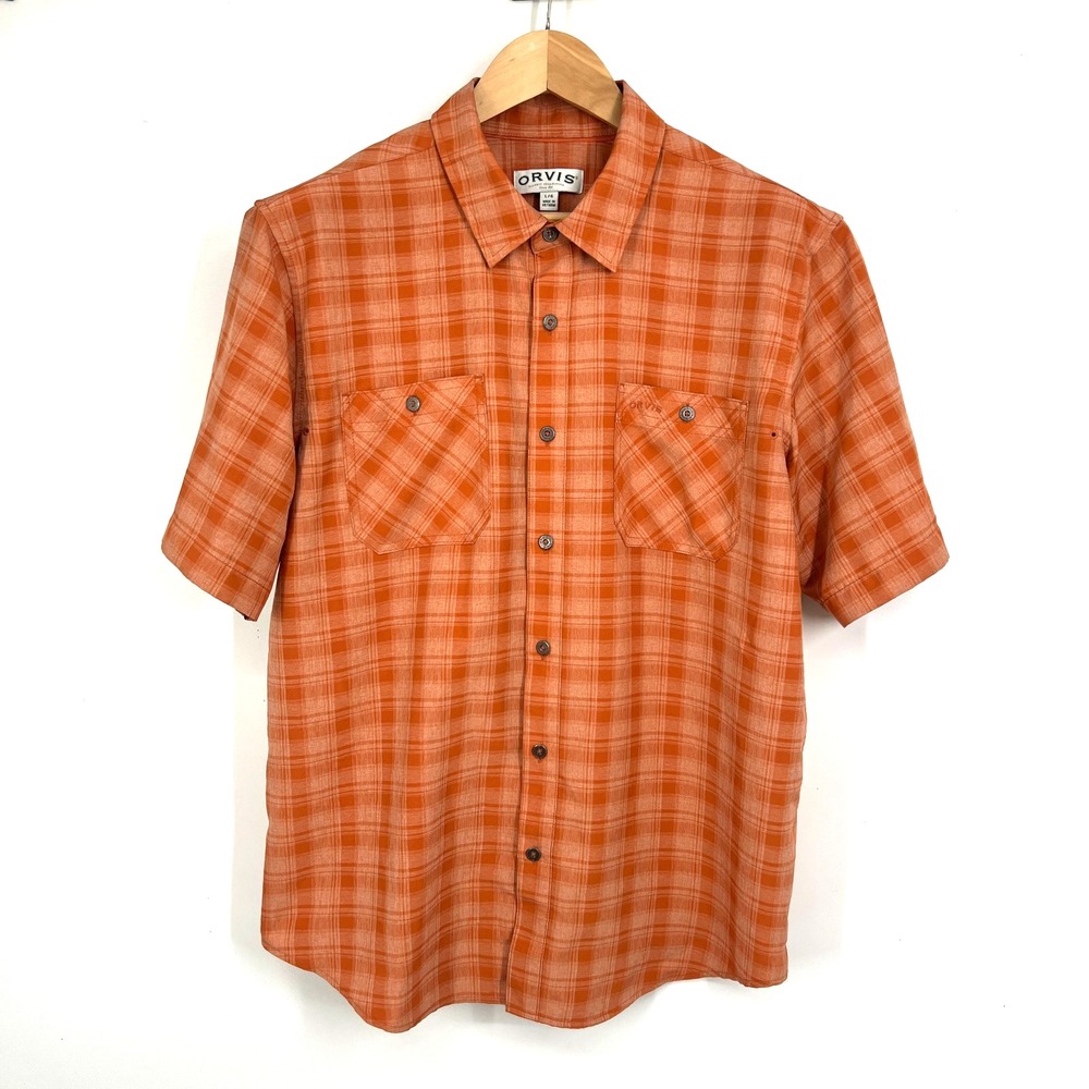 ORVIS Tech Shirt Mens Size L Orange Woven Outdoor Hiking Fishing UPF 30+ Pockets
